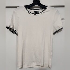 J. Crew Light Cream and Black Ribbed Fitted Short Sleeve Top